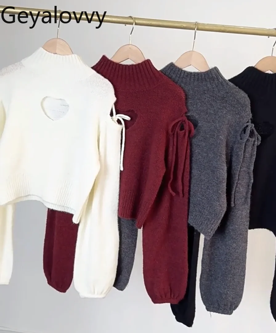 

Autumn New Japanese Sweet Cute Girls Heart Hollow Long Sleeve Pullover Versatile Sweater Off-Shoulder Tie Short Knitted Tops
