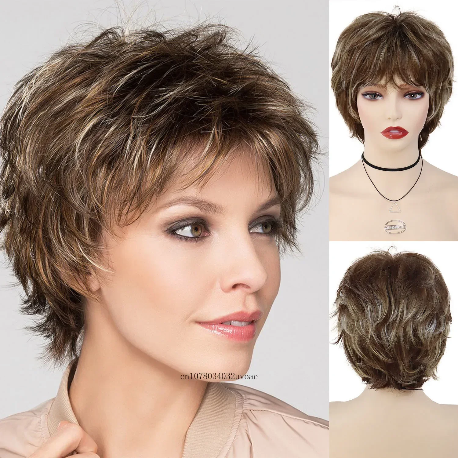 

Synthetic Pixie Cuts Wigs for Women Natural Hairstyle Mix Brown Color Bangs Short Haircuts Mommy Wig Gifts Petite Size Old Lady