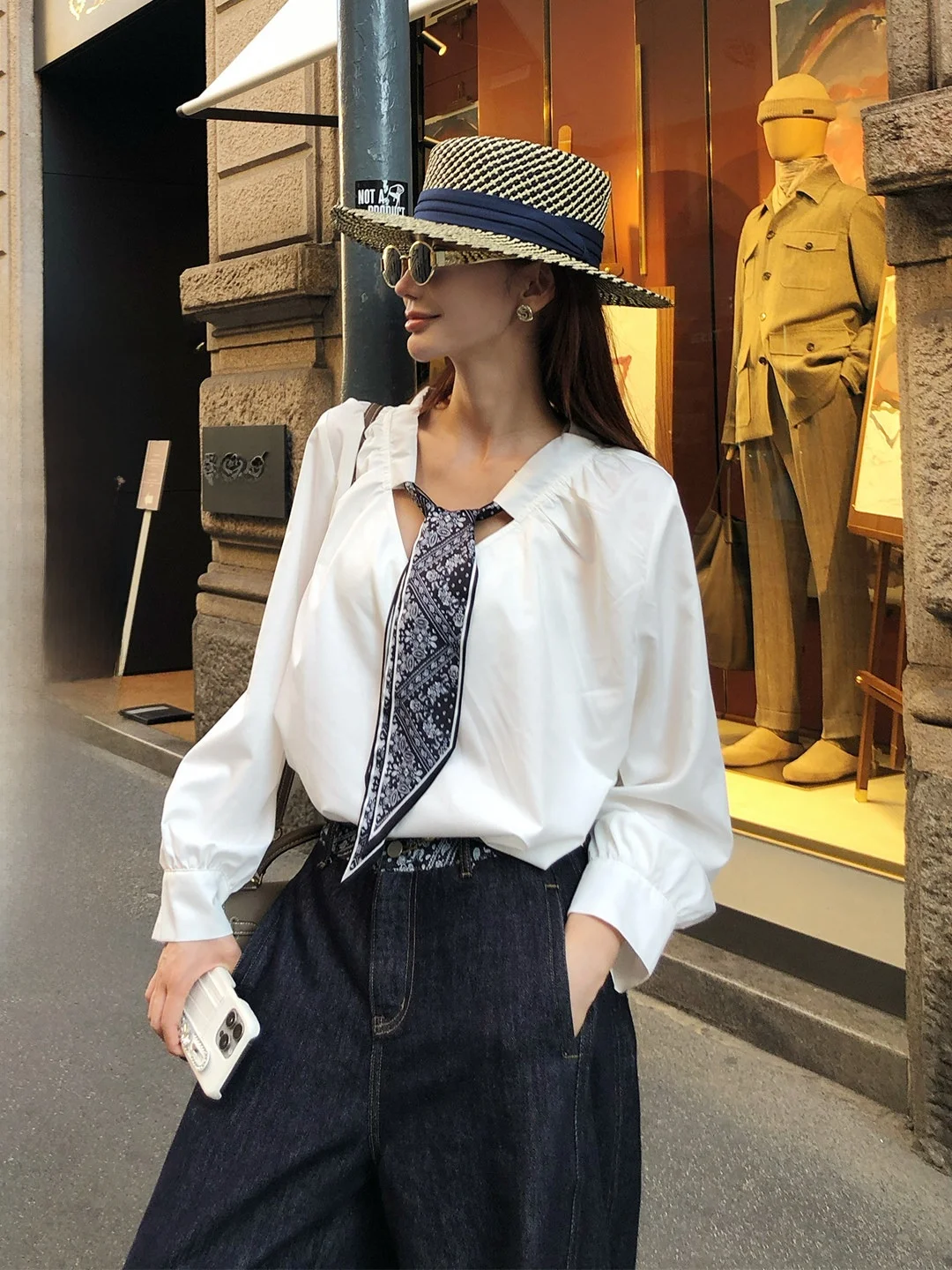 

Lililiwj Old Money Sle V Ne Loose Fit White Silk irt Acetate Top Breathable Comfortable Long Sve Formal Wear