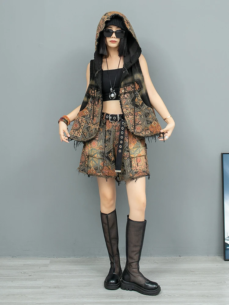 Trendy Vintage Printed Denim Hooded Irregular Vest + Wide Leg Shorts Two-piece Set Women 2024 Autumn Fashion Outfit ZF273