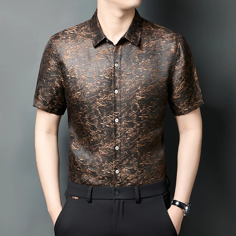 

Роскошные мужские рубашки HT1906 Gambiered Canton Gauze с коротким рукавом, летние, качественные, 100% шелк, приятные для кожи, модные, Camisas De Hombre