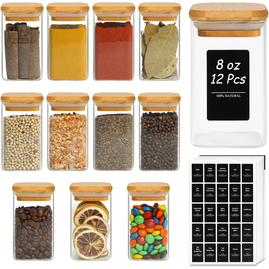 

ComSaf 12Pcs Glass Spice Jars with Bamboo Lid 8oz Airtight Square Containers with 275 Black Lables Empty Seasoning Jars for Spi