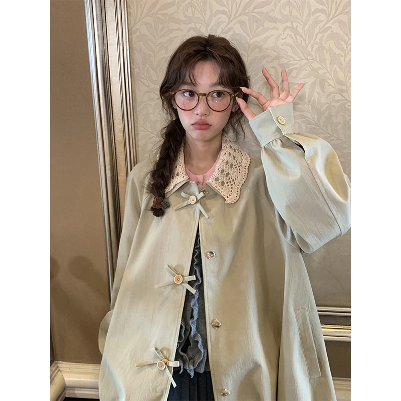 

MEXZT Sweet Bow Trench Coat Women Japanese Harajuku Patchwork Jackets Korean Cute Long Sleeve Outerwears Winter Casual Overcoat