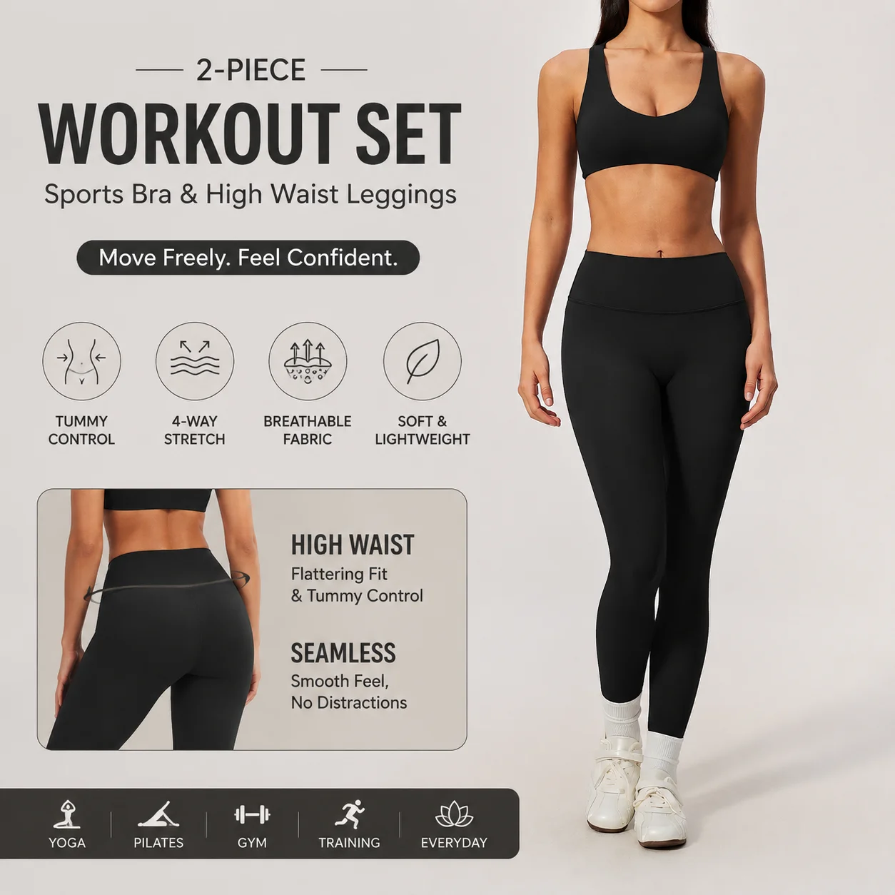 Women's Wide Strap Sports Bra and High Waist Seamless Leggings Set 2-Piece Yoga Workout Outfit with Tummy Control Compression Ti