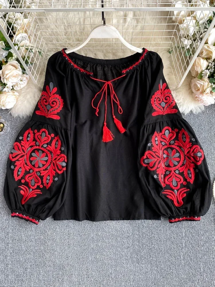 

Retro Blouse National Style Embroidered Lace-Up Tassel V-Neck Lantern Sleeve Tops Loose All-Match Female Blusa Women's