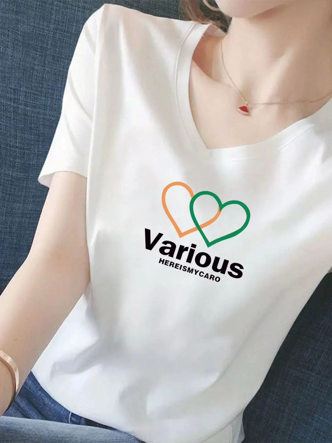 

New 2026 V-neck Short Sleeve T-shirt Women's Loose Versatile Letter Print White Top Mom's Casual Wear Polyester Fiber
