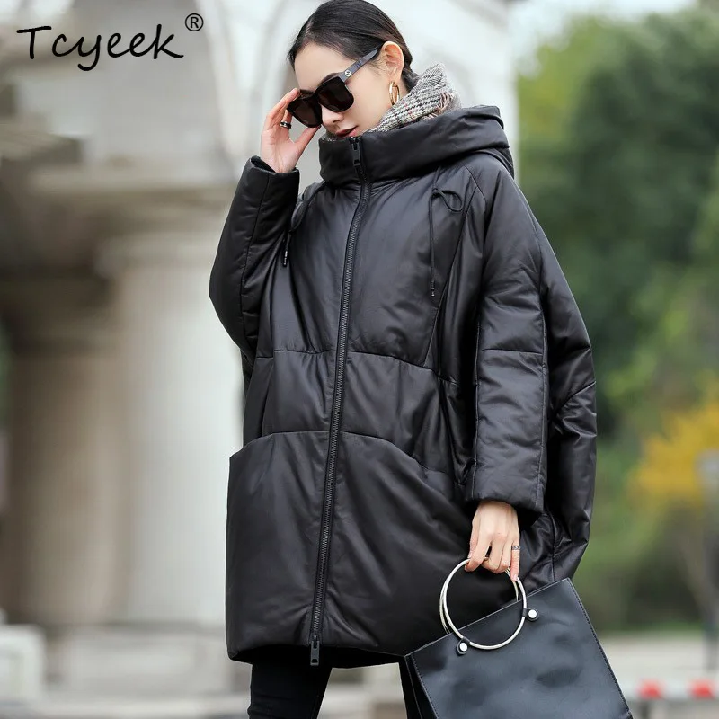 Tcyeek Echte Top Schicht Schaffell Herbst Winter Koreanische Mit Kapuze Schwarz Medium Länge frauen Aus Echtem Leder Jacke Jaqueta Couro