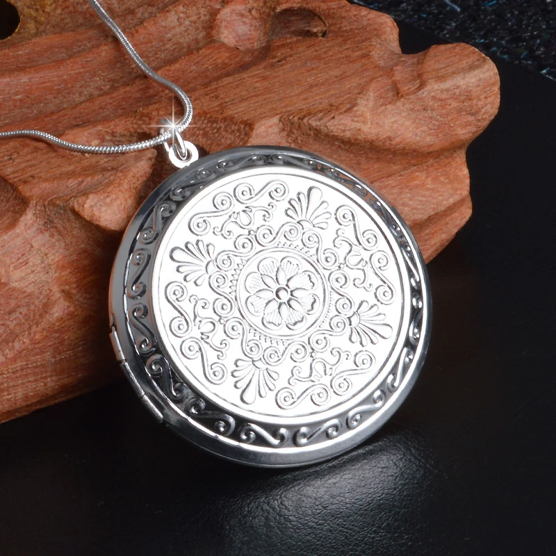 Vintage Elegant 925 Sterling Silver Round Photo Box Pendant Necklace Locket Necklaces Birthday Gift