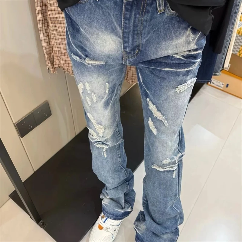 Women's Retro Distressed Design Jeans 90s Casual Trousers Cool Girl Bottoms Wide Leg Sweatpants Female High Waist Pants