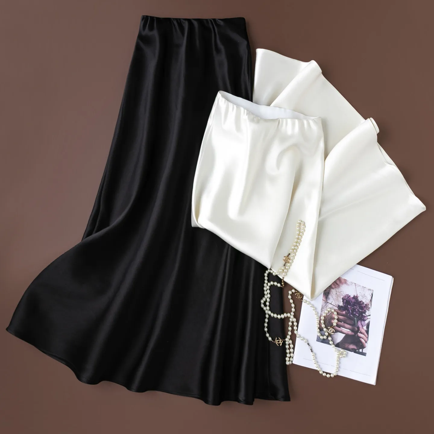 25% Mulberry Silk 75% Wool White Black A Line Big-hemline Women Bodycon Skirt Mermaid Skirt Autumn Spring M1842