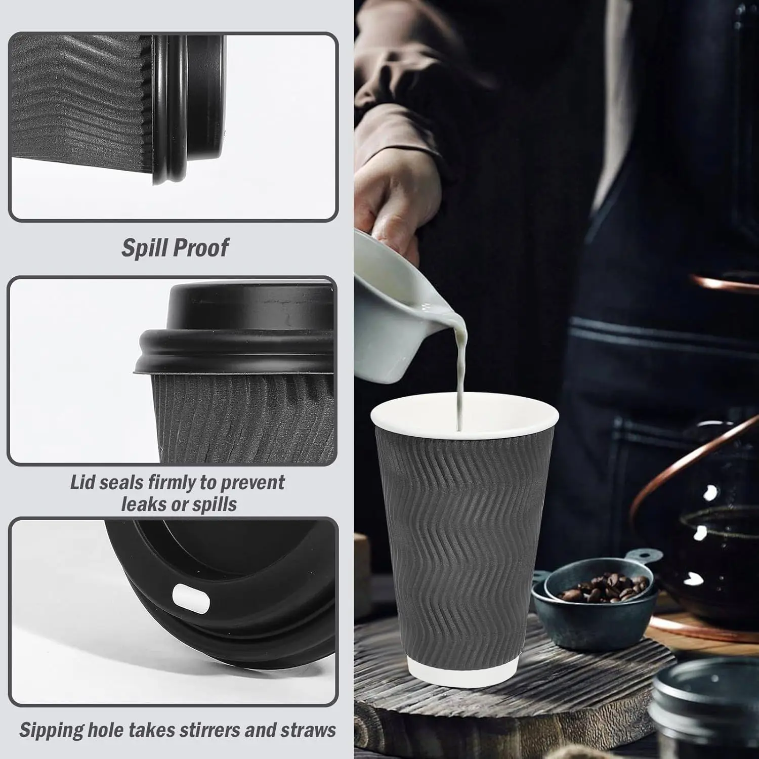 500 Pack - 16 oz Insulated Disposable Coffee Cups with Lids, To Go Paper Coffee Cups with Lids, Corrugated Ripple Wall Cup