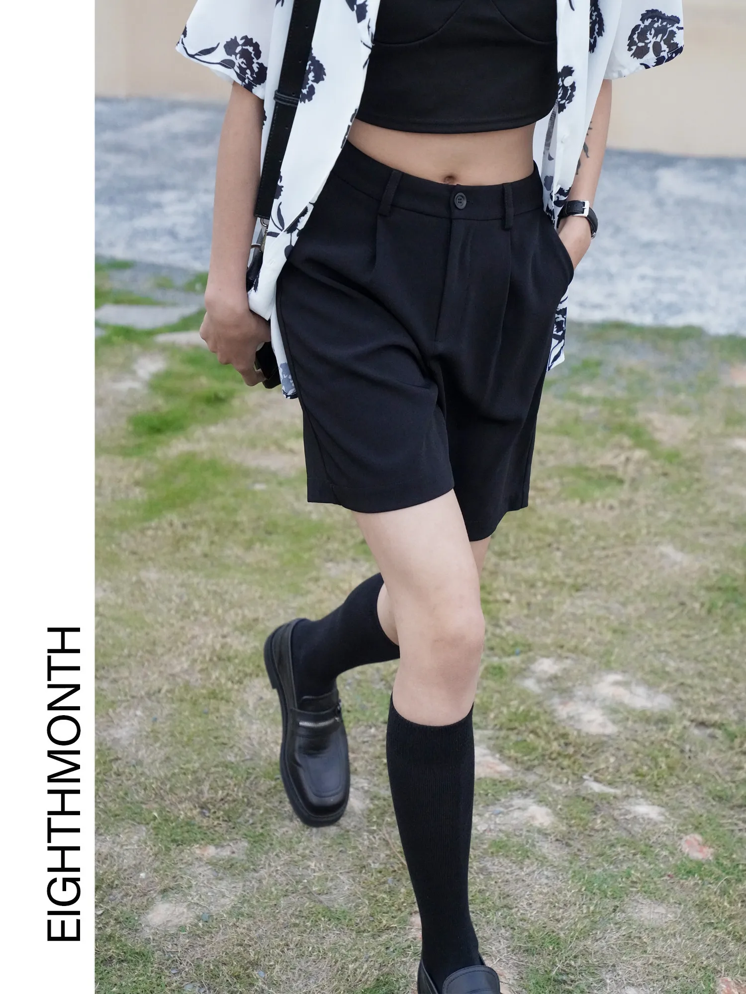 

August Tailored Wide Leg Pants High Waist ort Bla Slimming Five-Quarter Length Women's Faionable Busin Casual Trousers