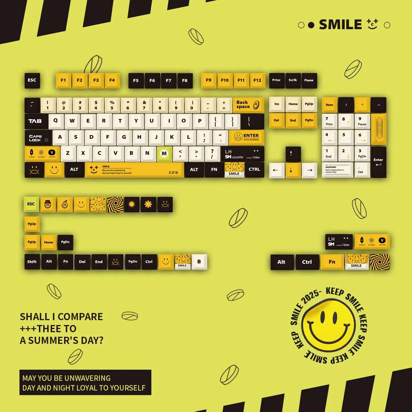 High Quality Cherry Keycaps SMILE Smiley Face Yellow Black Creative Cartoon Style Five-sided Dye-Sub PBT Men Custom Key Cap