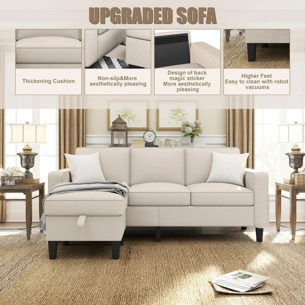 Sofá seccional convertible, moderno tapizado en tela de lino beige, sofá en forma de L de 3 asientos, conjunto de muebles T