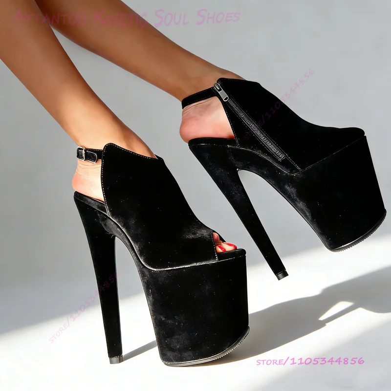 

Sandals Corduroy Black Velvet Peep Toe 20cm 8 Inch Platform Heels Red Open Slingback Pink Elastic Buckle Pump Pole Dancing Shoes