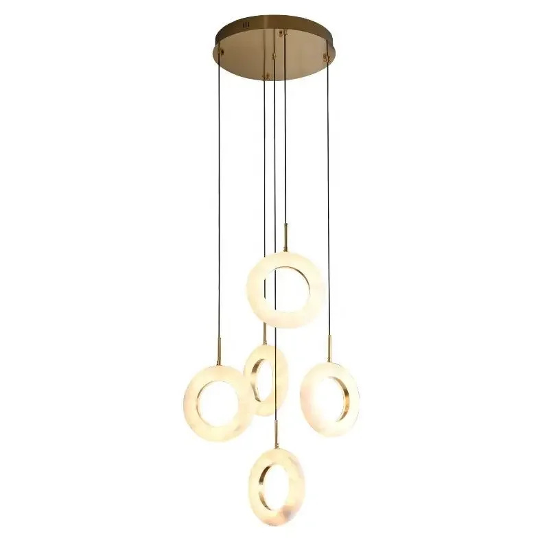 Modern Nordic luxury chandelier, new natural marble staircase lamp, all-copper villa rotating chandelier