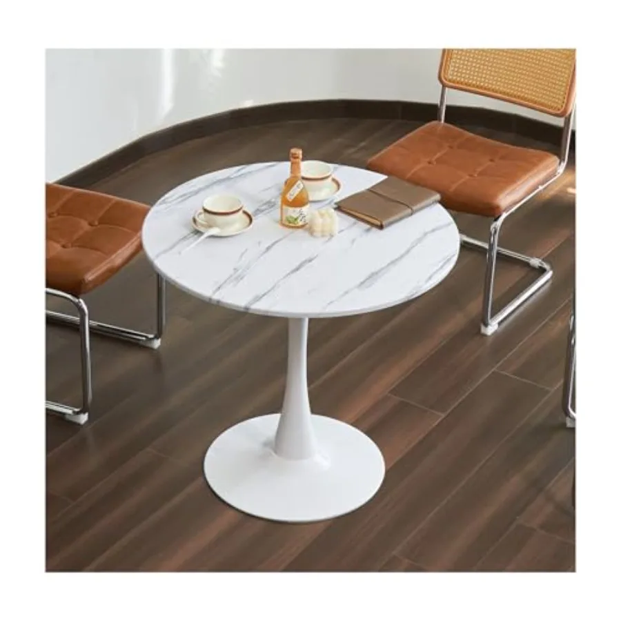 Dining Table, Circle Tulip Table with Thickened MDF Tabletop Matte Black Metal Pedestal, Mid Century Modern Bistro Table for Ki
