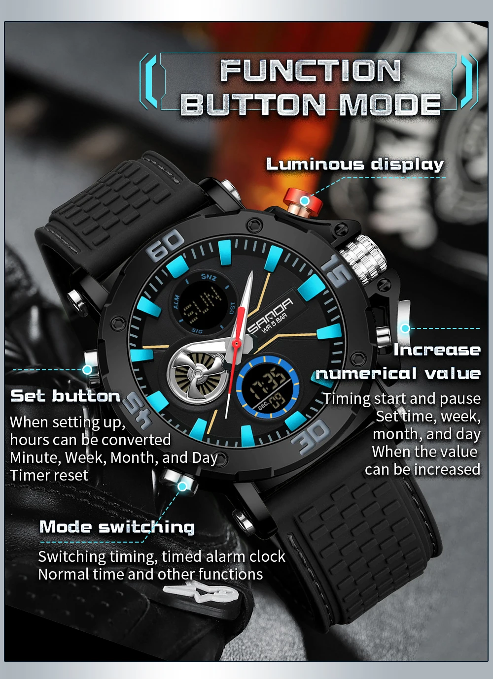 SANDA 3350 ساعة إلكترونية عصرية وعصرية للرجال رياضية متعددة الوظائف مقاومة للماء عرض مزدوج ساعة إلكترونية للرجال