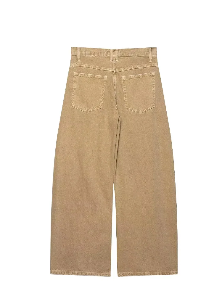 Celana Jeans Wanita HH 2025 Musim Gugur Model Vintage Warna Ocher Pinggang Rendah Kaki Lebar Warna Solid Dengan Saku Resleting Celana Lurus Mujer