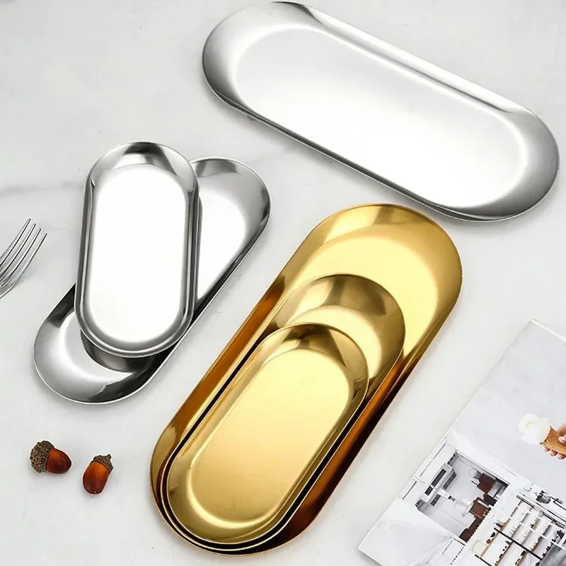 Stainless Steel Jewelry Tray Cosmetic Holder Oval Metal Dining Dessert Plate for Tray Snack Plate Steak Kitchen Plate Dish