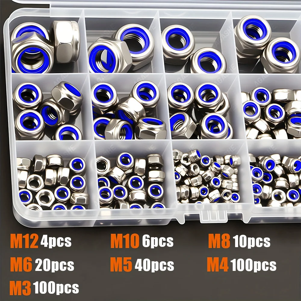 280 Pieces of Stainless Steel Nylon Anti-Slip Self-Locking Nuts M3-M12, Nylon Embedded Nuts, Hexagonal Screw Caps