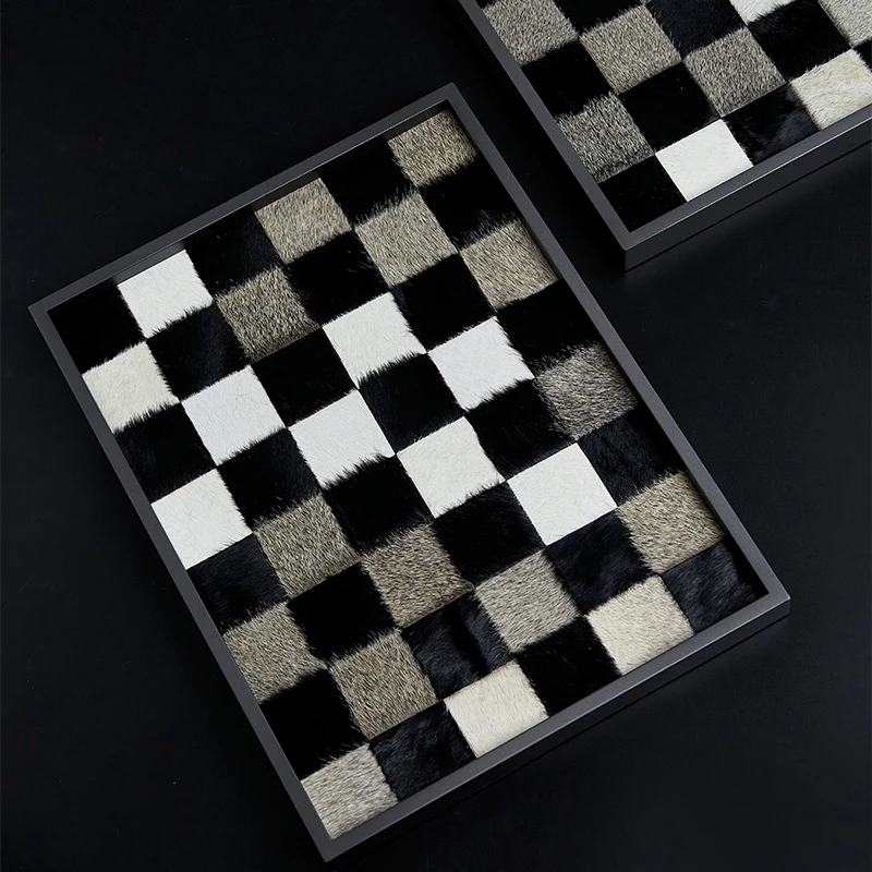 Black White Natural Horsehair Checkerboard Tray Stainless Steel Edged Porch Desktop Square Rectangular Storage Jewelry Ornaments