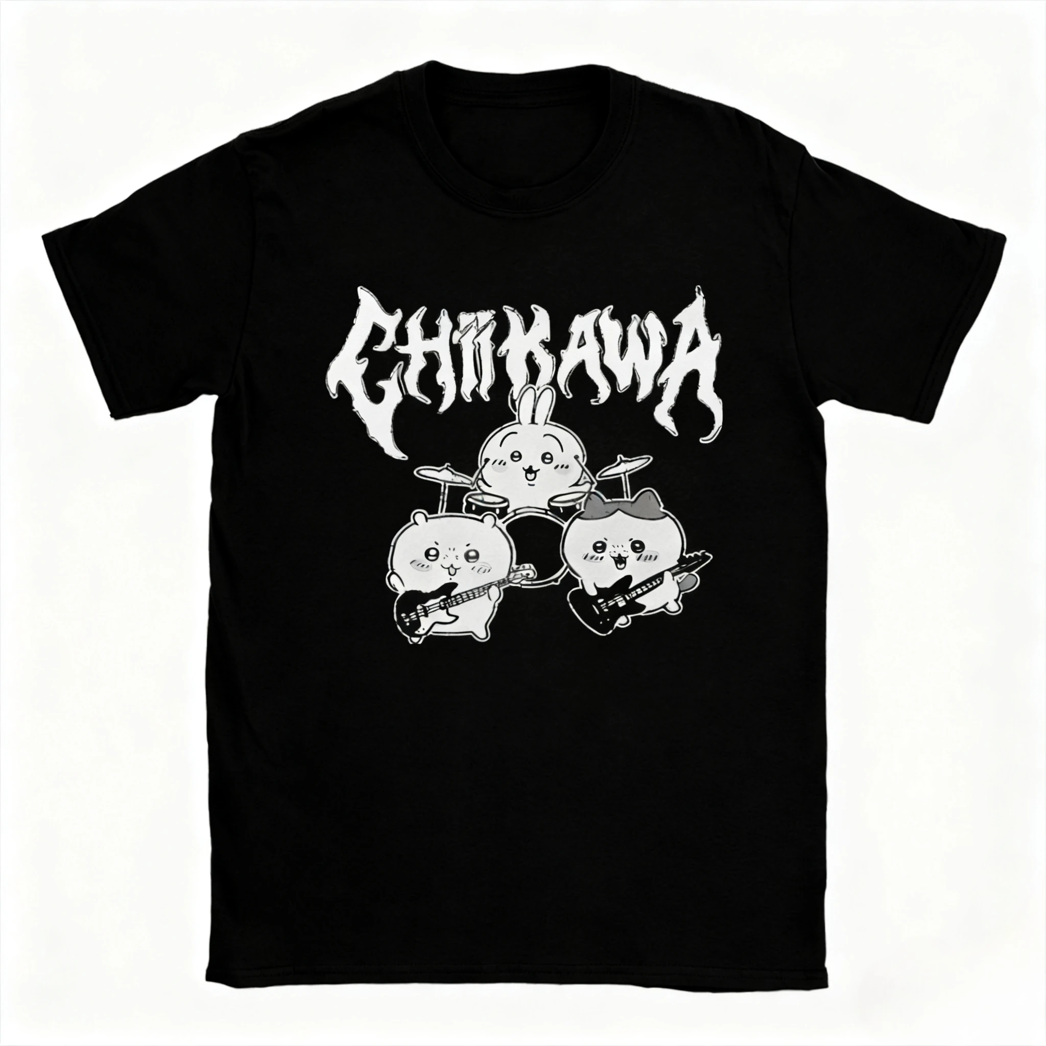 

Men's Heavy Metal Chiikawa Rabbit Eight Burning T-shirt Meme Cotton Clothes Casual Short Sleeve Round NeckT-shirt Printed Top
