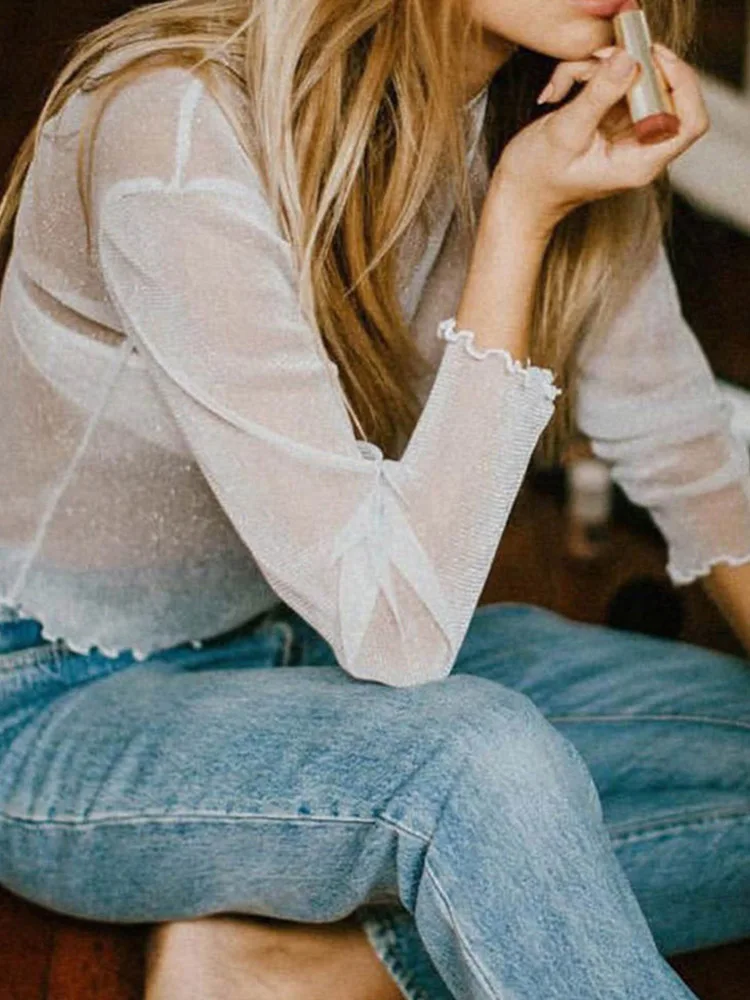Sexy Mesh Long Sleeve T Shirt Women 2024 Summer Transparent Club Party Black Tee Shirts Cutely Thin O Neck Short Tops