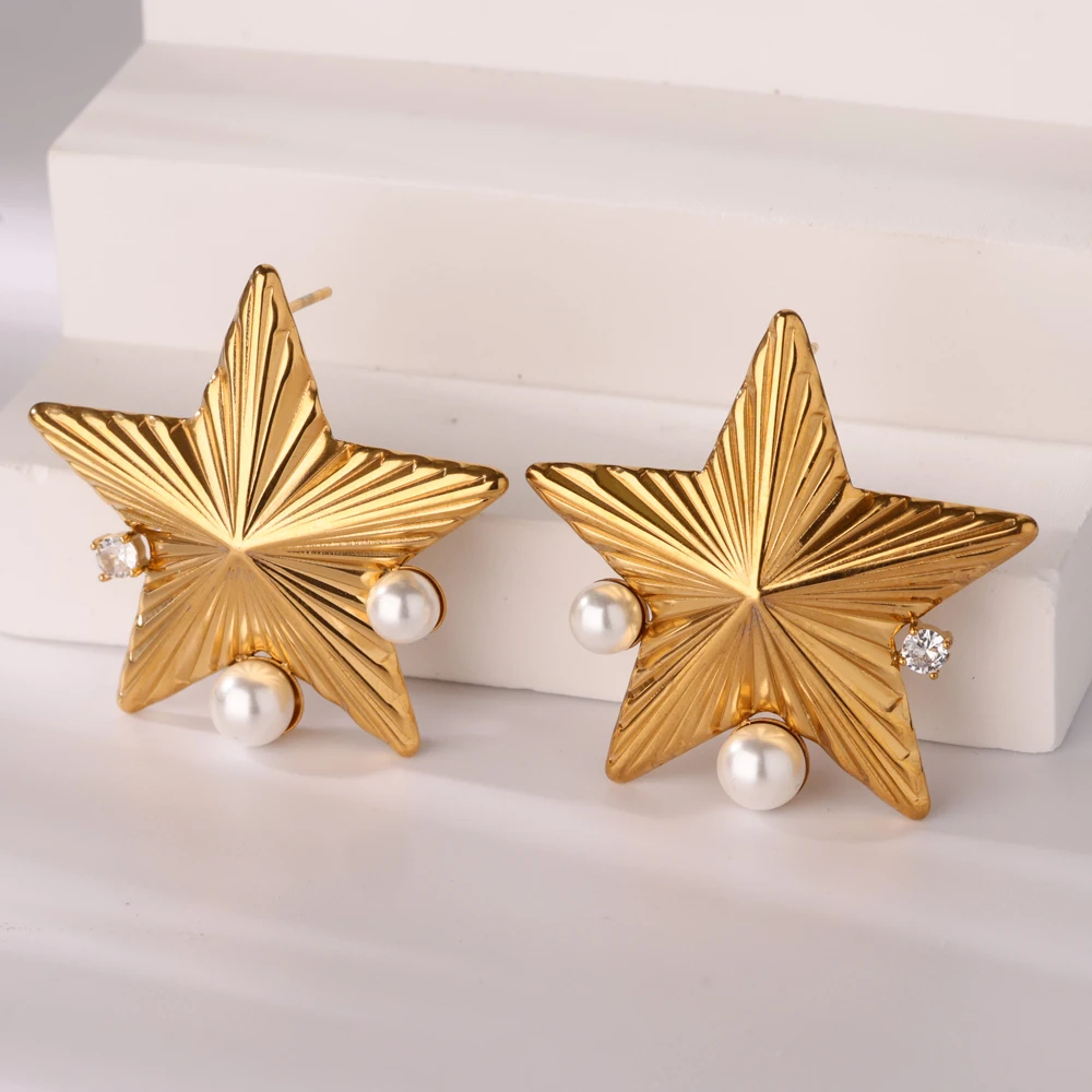 

Imitation Pearl Star Earrings for Women Stainless Steel Gold Color Stud Earrings 2025 Trend Piering Wedding Christmas Jewelry