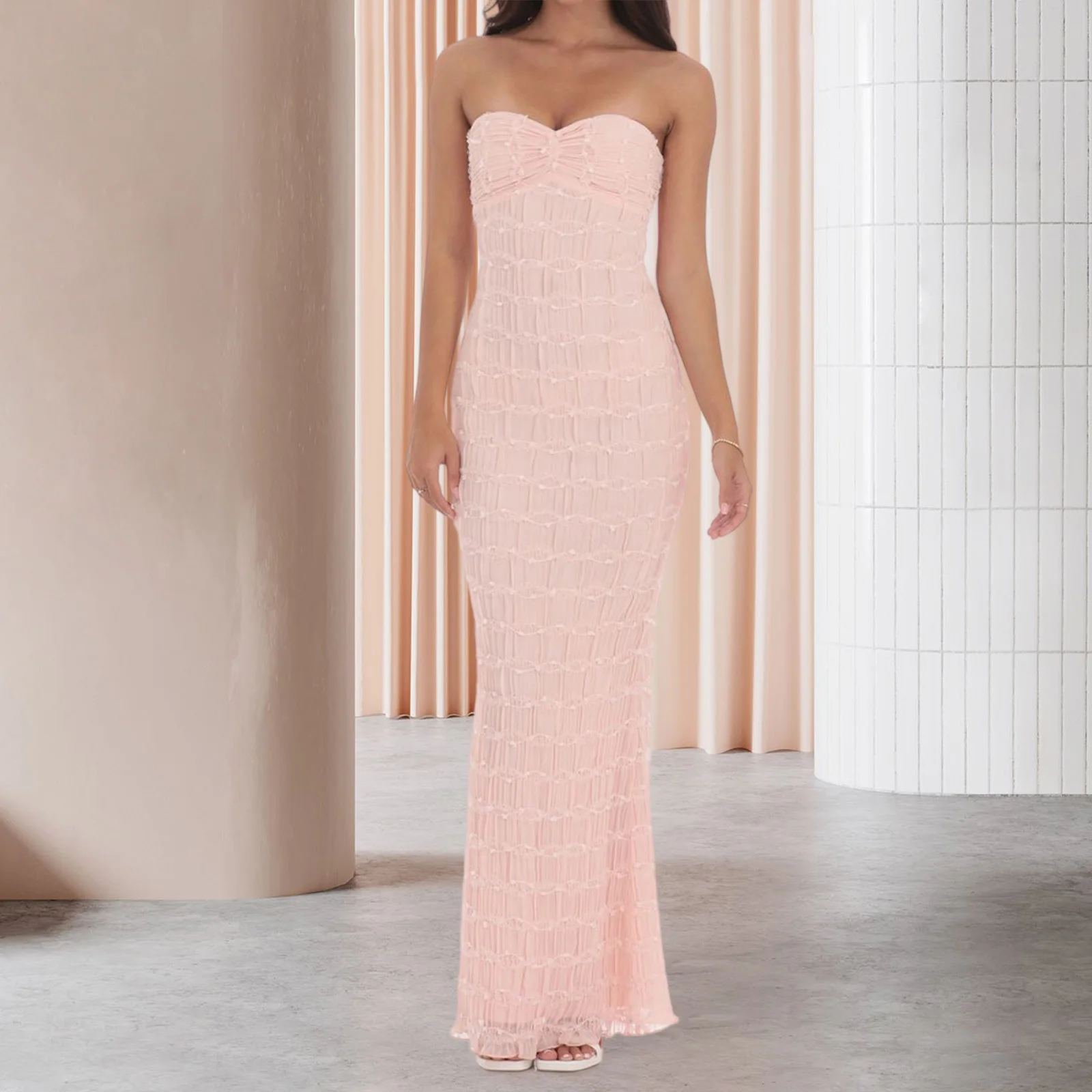 Neue Frauen Lange Rohr Top Kleid Solide Jacquard Off Schulter Ärmellose Geraffte Vorne, Figurbetontes Kleid Für Party Club S-XL