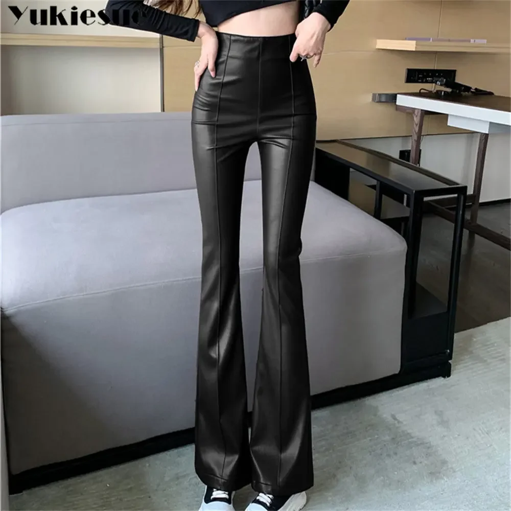 2022 Autumn Winter Vintage Casual High Waist Trousers Streetwear PU Leather Flare Pants Women Pants Fashion Elegant Slim Pant