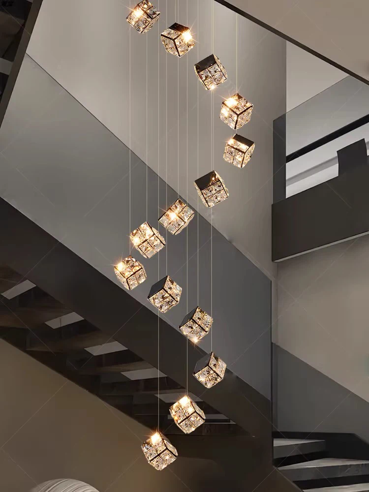 

Modern LED cube crystal staircase pendant lamp, suitable for lobby and bar decoration, height adjustable, gold colour