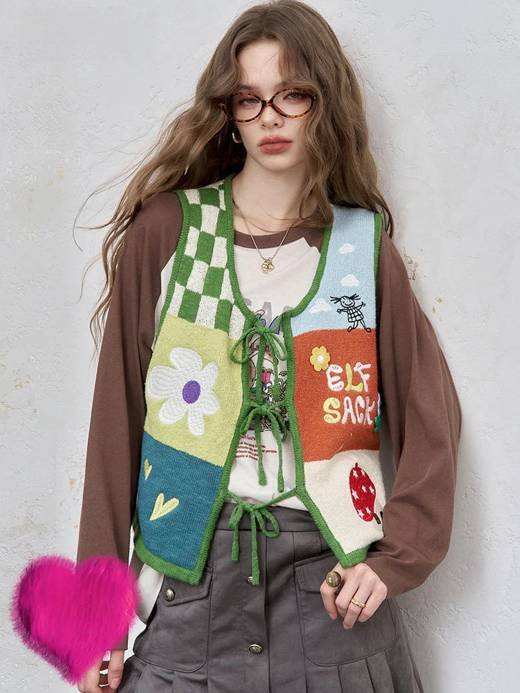 

Вязаный жилет с вышивкой Elfsa, женская верхняя одежда, тонкий плечевой коврик, цветной круглый жилет из смеси хлопка Ne