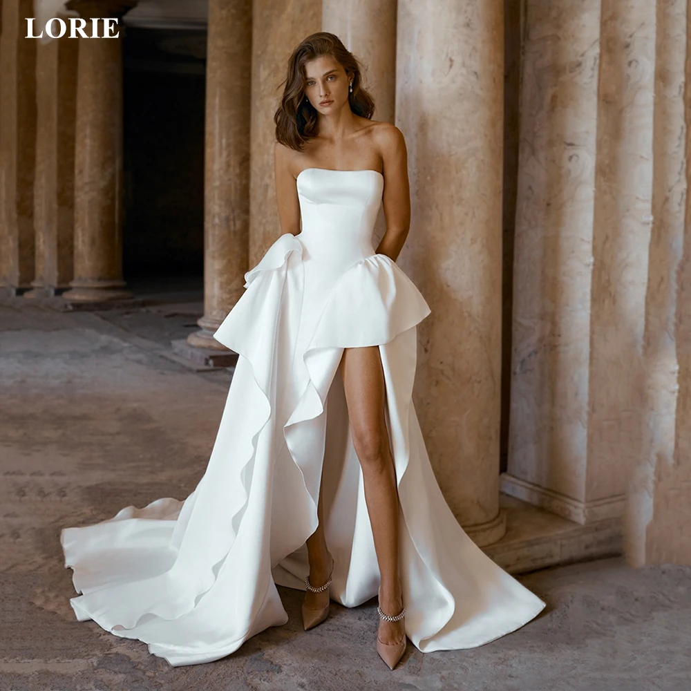 

LORIE Modern Satin Wedding Dresses Strapless Sleeveless Bride Prom Gown Asymmetrical Ruched Floor-Length Bridal Gowns Customized