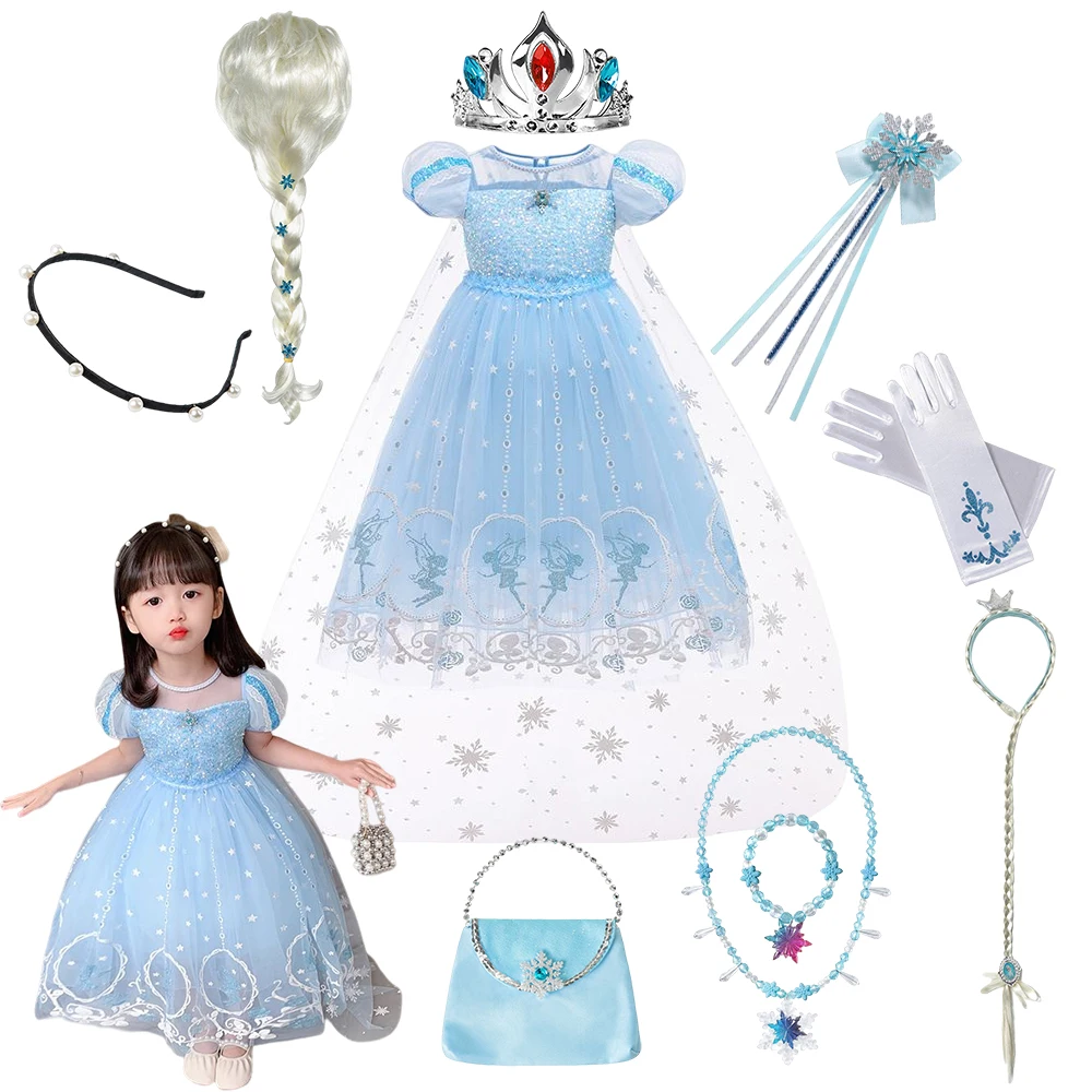 

2022 Disney Frozen 2 Costume for Girls Princess Elsa Dress Blue Ball Gown Birthday Kids Snow Queen Cosplay Carnival Clothing