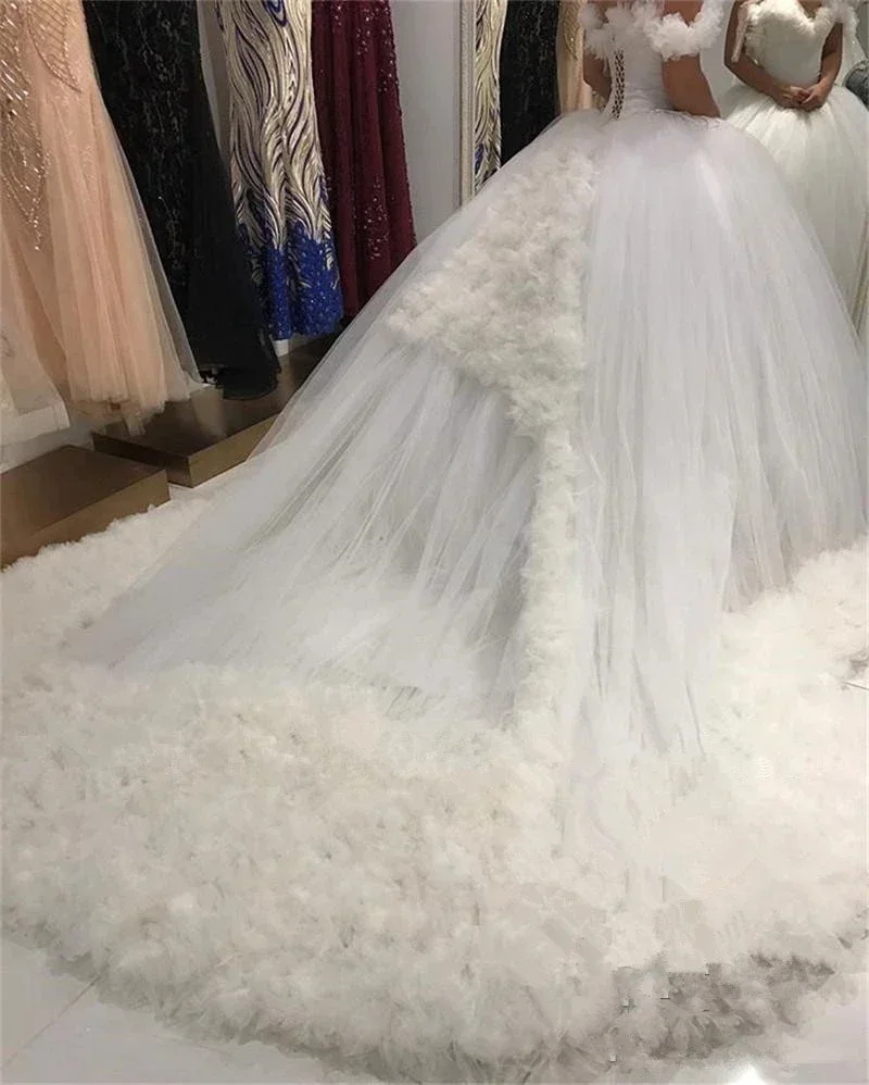 Customized Princess 3D Floral Ball Wedding Dresses 2021 Off Shoulder Nigeria African Arabic Puffy Tulle Country Victorian Bridal