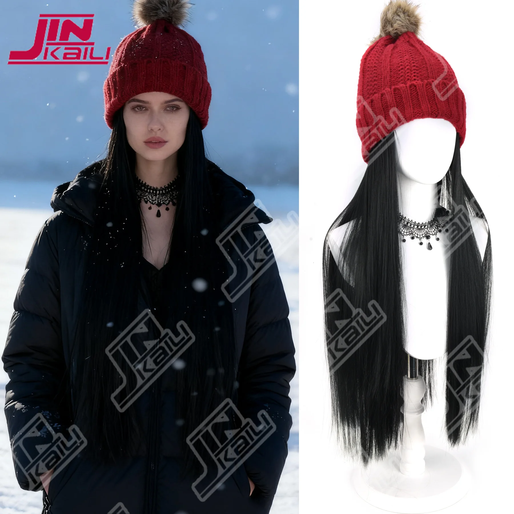 قبعة محبوكة صناعية من JKL مع شعر مستعار طويل مجعد، شعر مستعار مموج، شعر مستعار شتوي، قبعة محبوكة باللون البيج/الأحمر/البني الأسود لزي عيد الميلاد #1