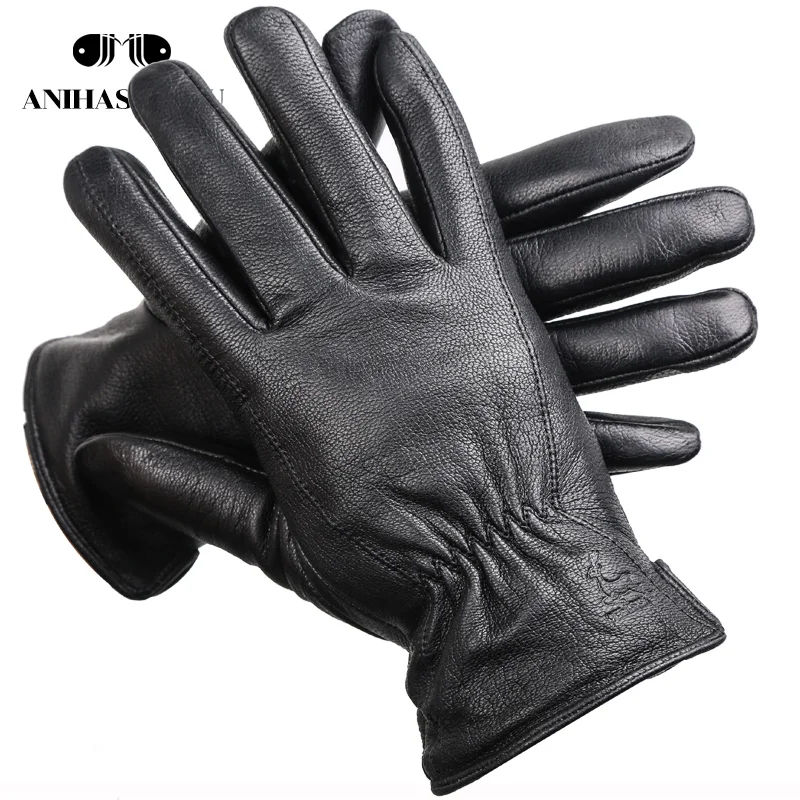 2020 New deer skin gloves male winter,Simple mens leather gloves, Soft men\'s gloves,Black Genuine Leather touch gloves - 8025