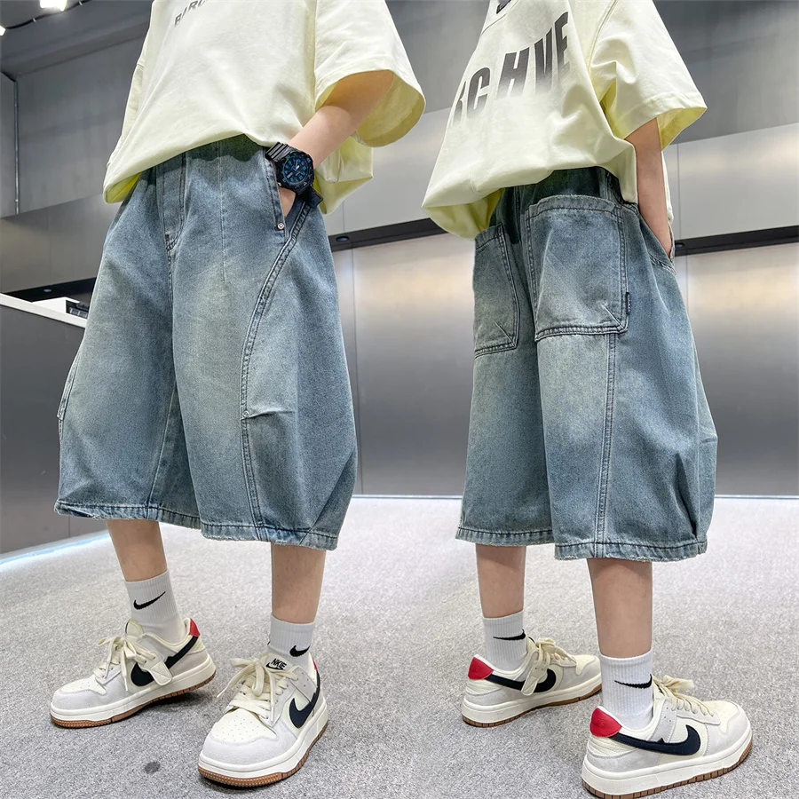 

New Summer Children Loose Straight Curved Jeans Shorts For Teen Boys Elegant Solid Blue Denim Shorts Kids Capri Pants Age 5-14Y
