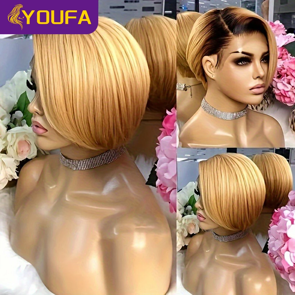 YOUFA Dark Roots Blonde Pixie Cut Human Hair Wigs Pre Plucked Silky Stragiht Ombre Honey Blonde 13x4x1 Lace Front Short Bob Wig