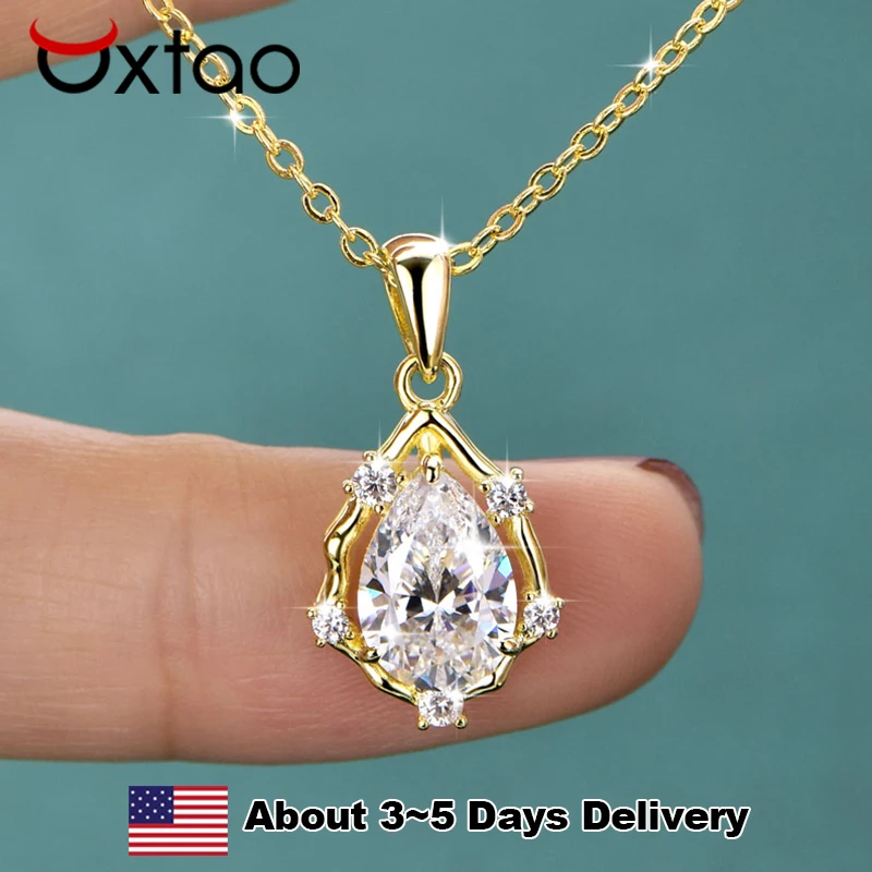 

OXTAO Water Drop Pendant Necklace 7x10mm CZ Lab Imitation Diamond for Women Vintage Solitaire Drop Necklaces Wedding Jewelry