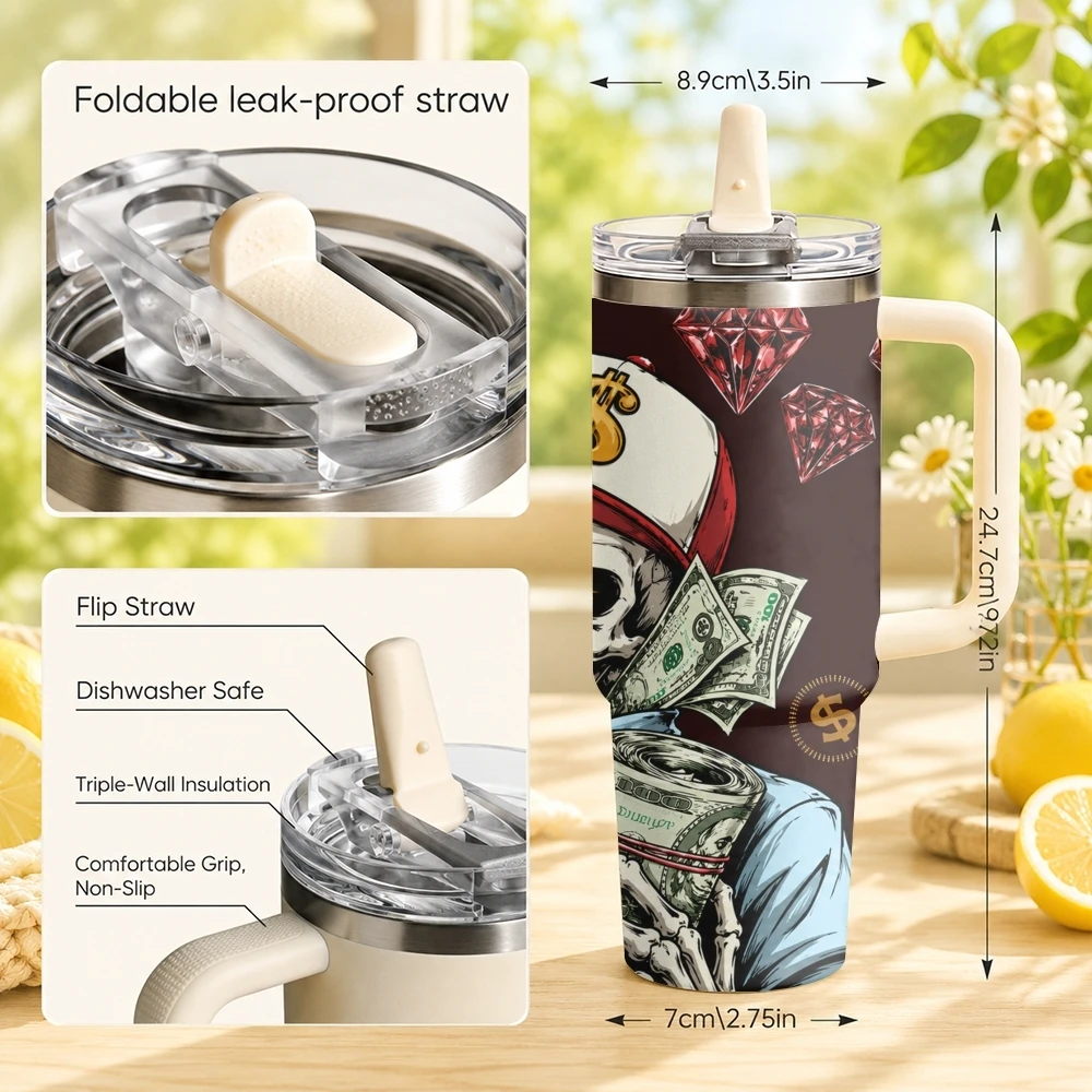 Skeletons and Money Vacuum Flasks 40oz Stainless Steel Tumbler with Handle Straw Lid Vacuum Insulated Double Wall Leak Proof