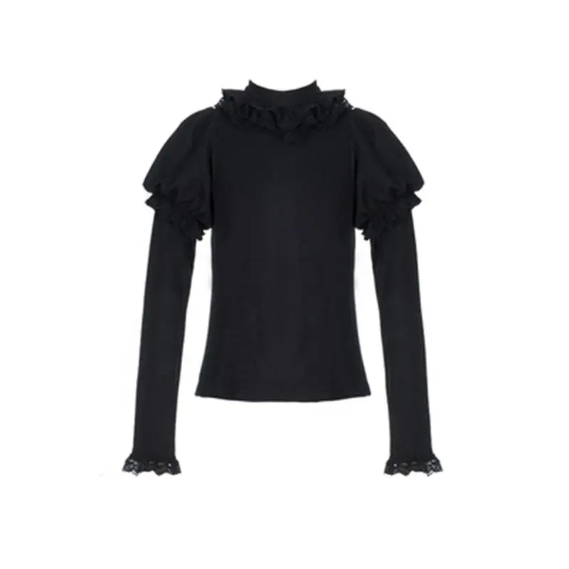 Jerséis japoneses de punto para mujer, jersey estético Y2k con lazo de retales, jersey de encaje de Lolita con mangas abullonadas, suéter dulce Kawaii, ropa para mujer