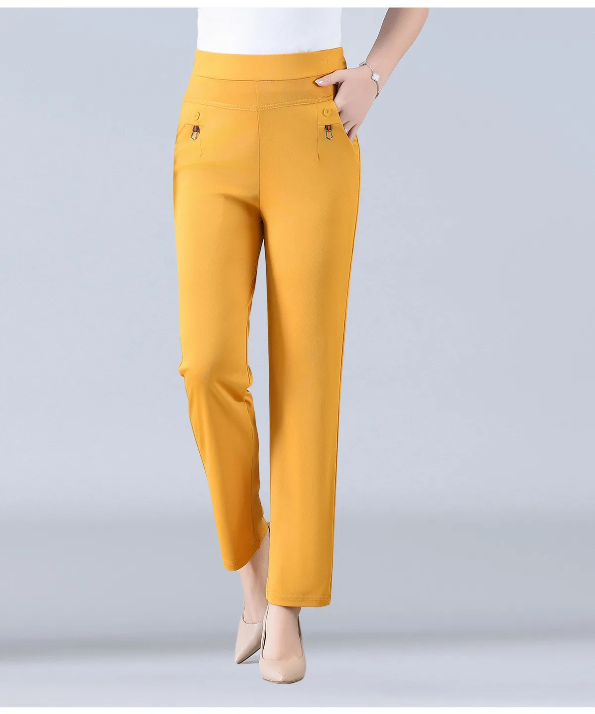 Candy Color Korean Stretch Pants Slim High Waist Straight Pants Women Trouser Patchwork Pocket Casual Thin Classic Pantalones