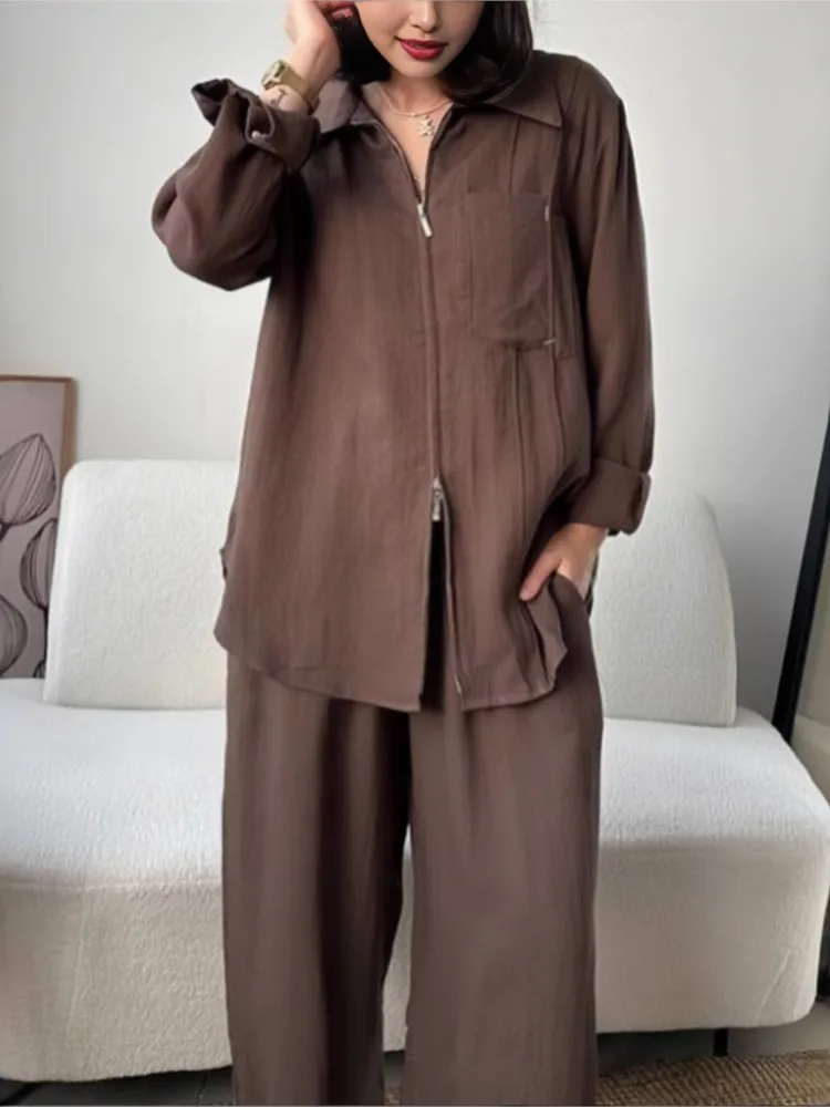 Set Kasual Wanita untuk Fashion Wanita Atasan Ritsleting Lengan Panjang + Celana Kaki Lebar Pakaian Dua Potong Pakaian Solid Kantor Elegan Wanita Baru