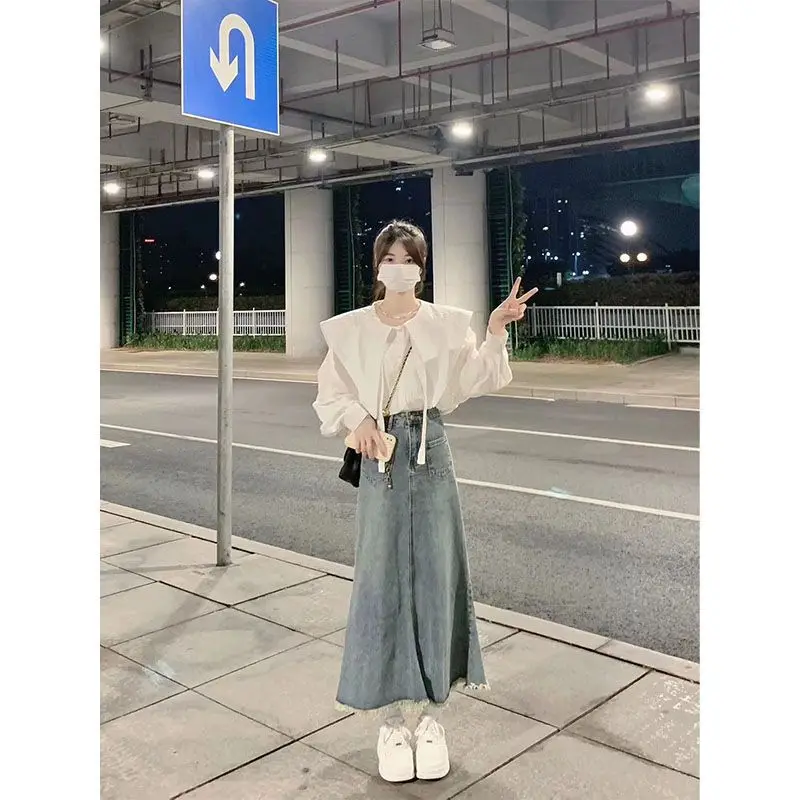 

Джинсовая юбка Fi Tail с высокой талией, женская винтажная синяя удлиненная юбка на высоком каблуке, улучшенная футболка Fairy T f-length S...