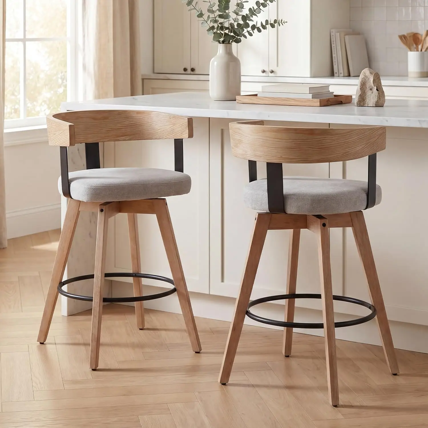 Mid-Century Swivel Counter Bar Stools Set Of 2, 26 Inch Linen Barrel Backrest Wooden Legs Kitchen Island Dining, Customized