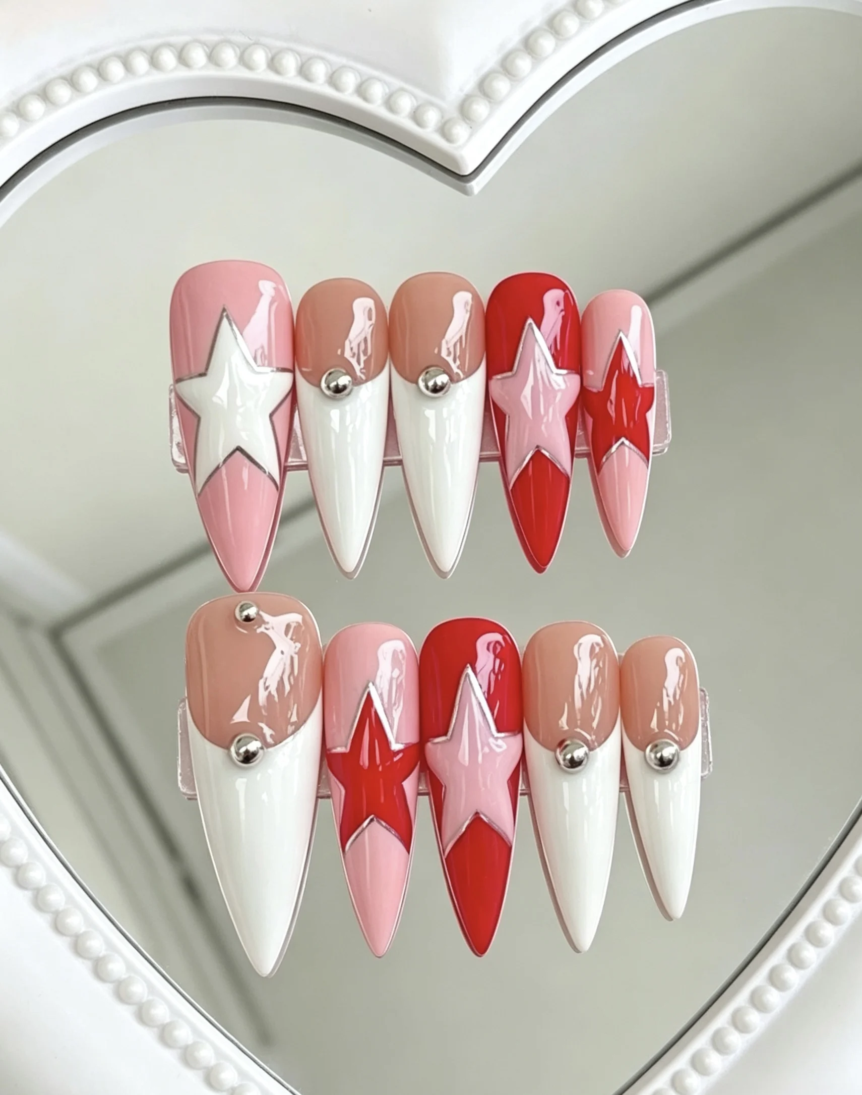 10 Pieces of Pink Contrasting Color Five-Pointed Star Y2K Style Long Pointed Nails, Cherry Blossom Pink and Red Five-Pointed Star with Silver Edges, Handmade Wearable Nails