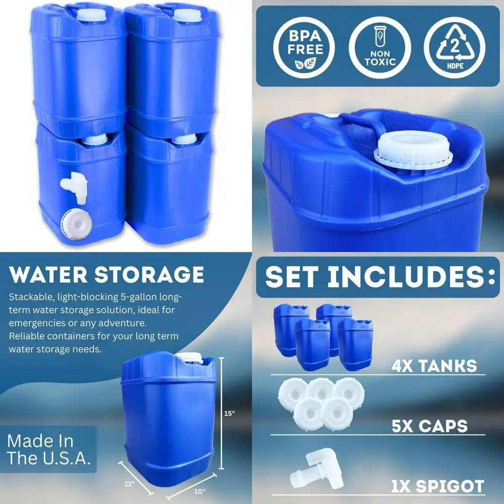 Contenedores de agua apilables de 5 galones con tapas y espiga para suministro de almacenamiento de emergencia