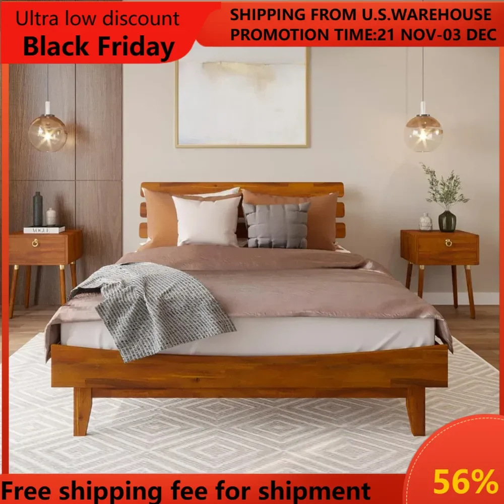 Caden 15 Inch Deluxe Bed Frame with Adjustable Headboard - Mid Century, Retro Style with Acacia Wood - No Box Spring Needed